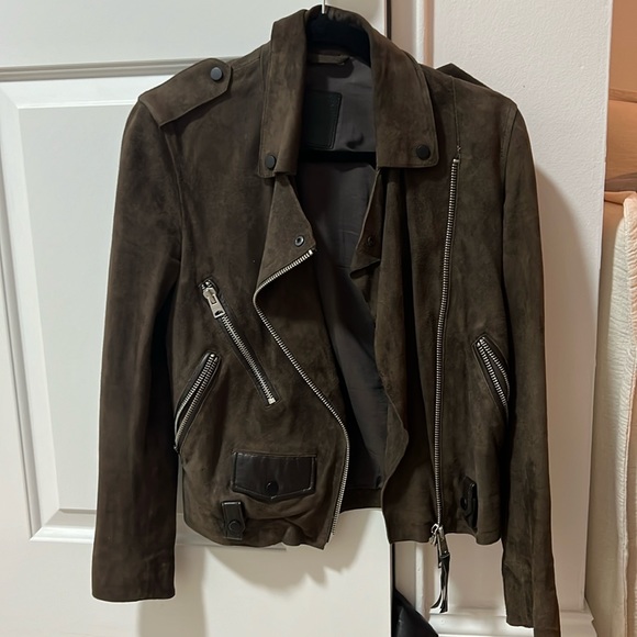 All Saints Brown/Olive Suede Leather jacket with matte black accents - Picture 2 of 8